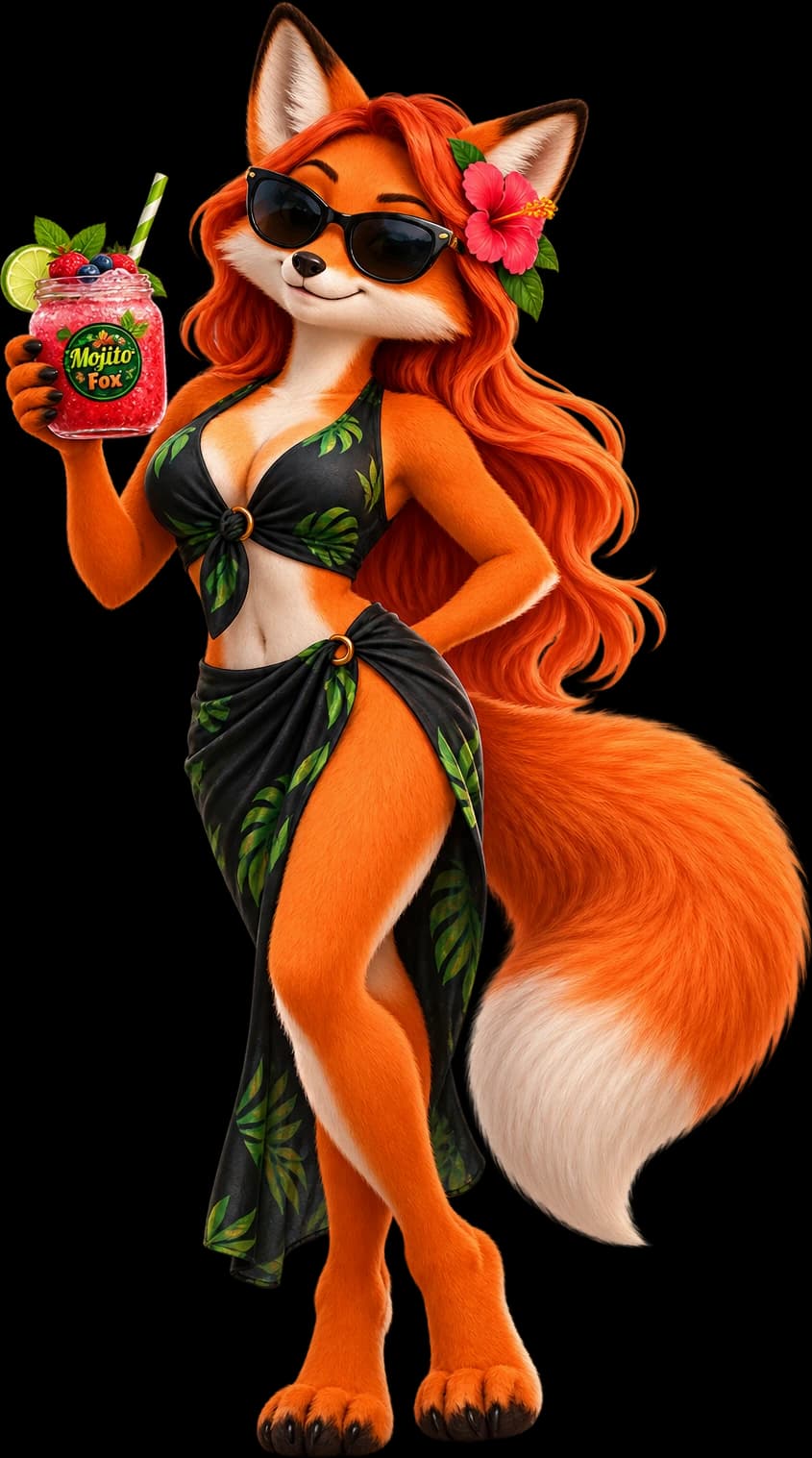 Personaje MojitoFox femenino sosteniendo un mojito berries
