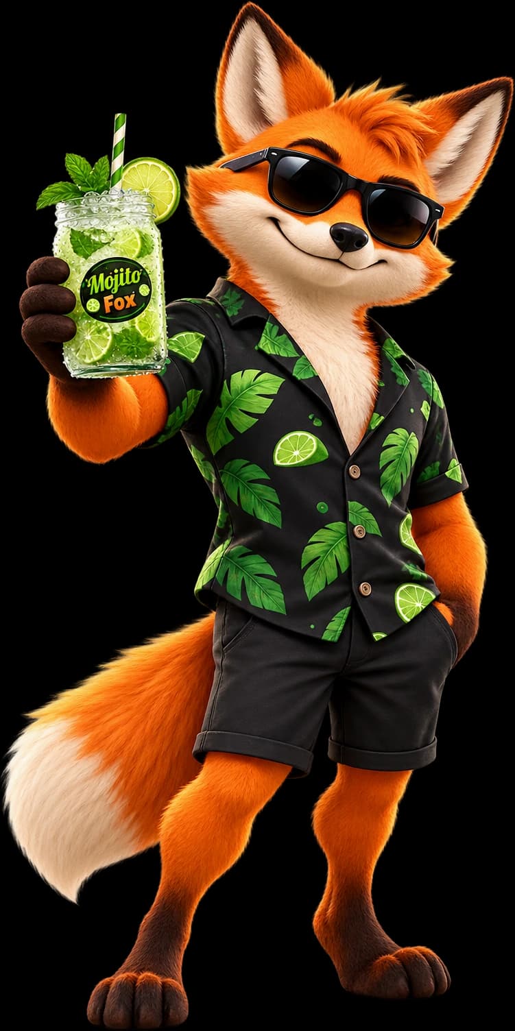 Personaje MojitoFox masculino sosteniendo un mojito clásico